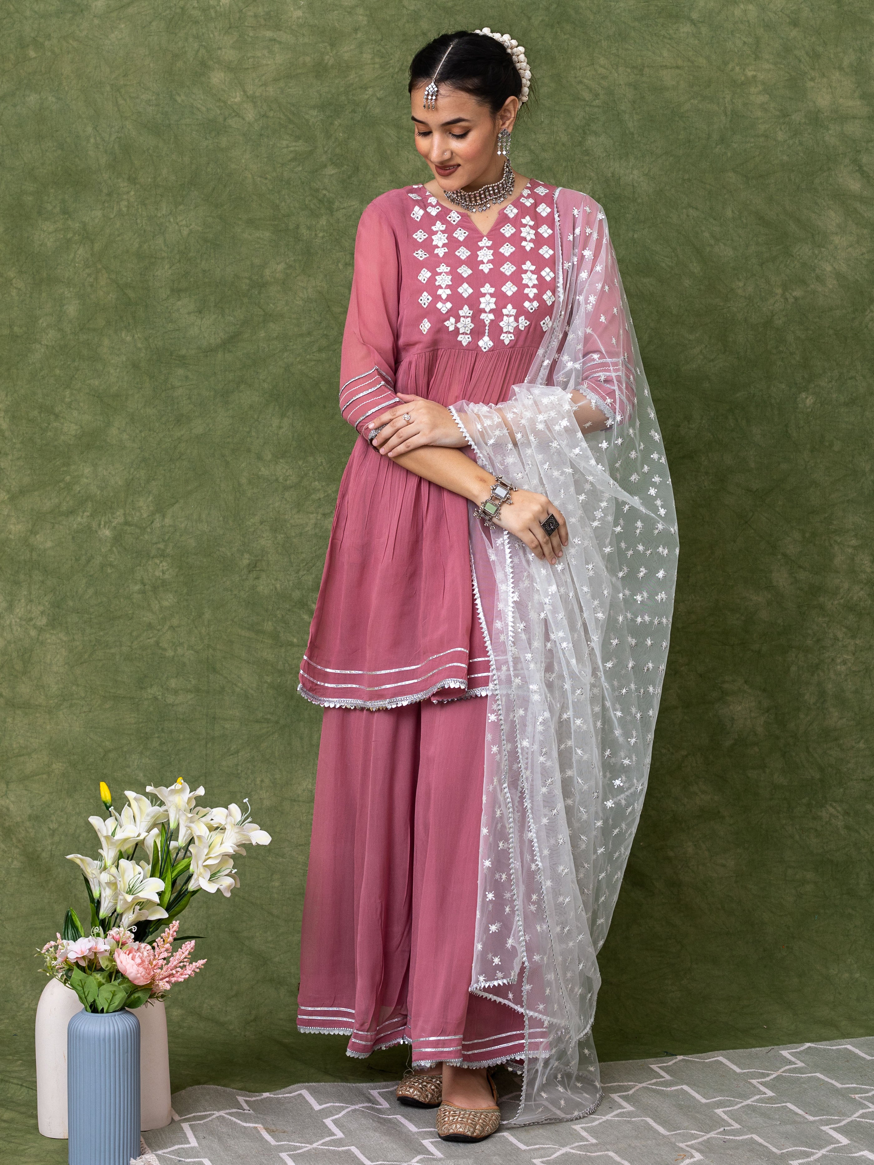 Lavender Embroidered Kurti with Gathers and Flared Palazo Paired with Dupatta